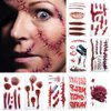 1Pc Red Halloween Temporary Tattoos, 3D Fake Scars Tattoo Halloween Makeup Kit Fake Stitches Tattoos Cut Scary Face Wound Blood Chucky Scars Tatoos for Kids Women Men Boys Girls Zombie Makeup Stickers