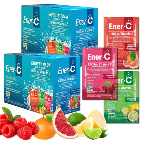 Ener-C Variety Pack Multivitamin Drink Mix Powder Vitamin C 1000mg & Electrolytes with Real Fruit Juice Natural Energy & Immune Support for Women & Men - Non-GMO Vegan & Gluten Free - 60 Count