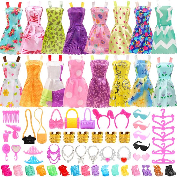 BARWA 53 pcs Doll Clothes and Accessories 10 pcs Party Dresses with 42 pcs Shoes, Crown, Necklace, Hangers, Bags, Accessories for 11.5 inch Doll