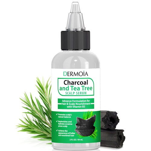 DERMOIA Scalp Serum with Charcoal + Tea Tree - Non GMO Scalp Moisturizer for Dry Itchy Scalp Relief - Fragrance Free Serum with Tea Tree Oil for Scalp Treatment - Rejuvenating Hair Serum with Vitamin