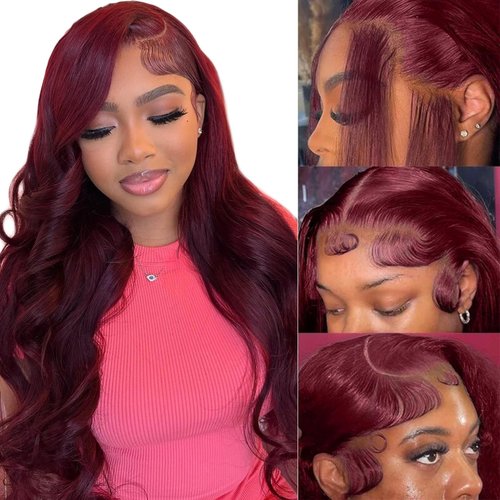HUWOKS 99J Burgundy Lace Front Wigs Human Hair Pre Plucked 13x6 HD Transparent Frontal Wigs for Women 180% Density Wine Red Virgin Body Wave Human Hair Lace Front Wigs 26Inch