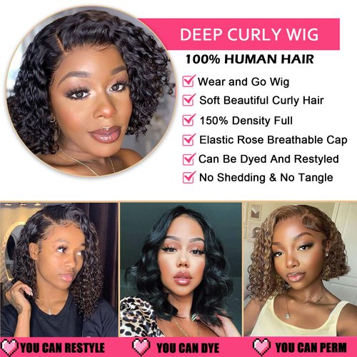 ManeMajesty Short Curly Human Hair Wigs for Black Women Deep Curly Glueless Wig Jerry Curl Side Part Lace Front Wigs 100% Brazilian Remy Human Hair Ready to Go Lace Bob Wig 10 Inch 12A Natural Color