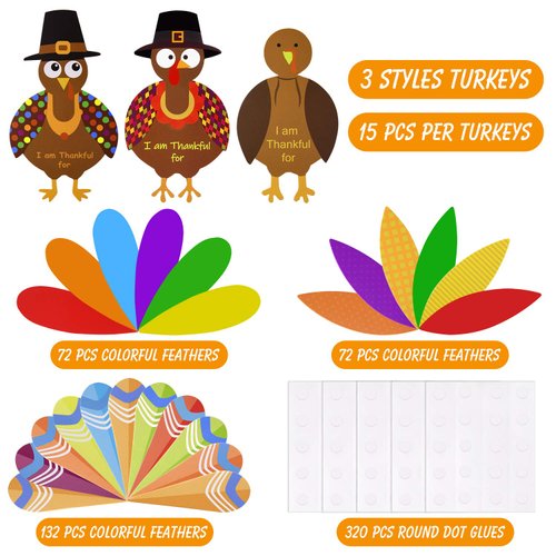 MIAHART 312 Pcs Thanksgiving Turkey Craft Kit DIY Turkey with Colorful Feathers and 320 Pcs Dot Glues Thanksgiving Stickers for Thanksgiving Party School Activities Decoration Supplies