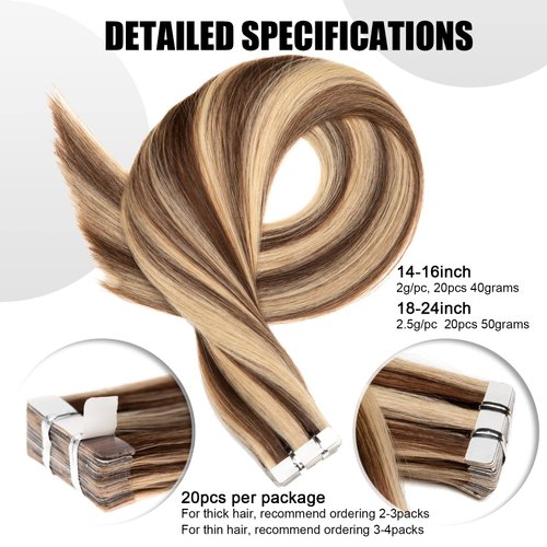 Senmy Real Hair Extensions Tape in Human Hair Chololate Brown to Blonde 14inch 20Pcs 40g/Pack Seamless Invisible Tape in Hair Extensions Human Hair