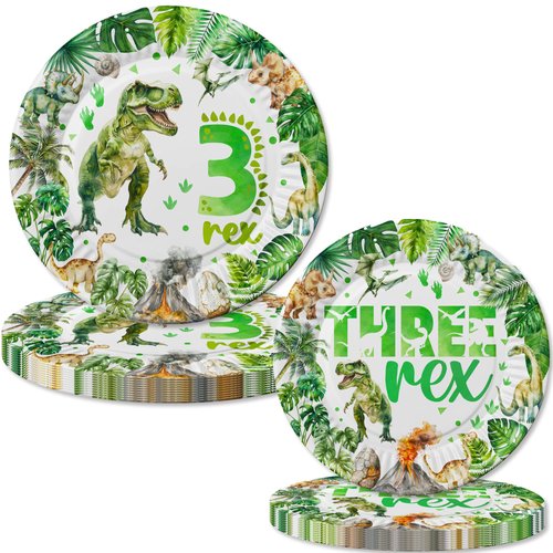 80 Pcs Watercolor Dinosaur 3rd Birthday Party Supplies 3 Rex Birthday Tableware Includes Plates, Forks, Napkins for Boys T-Rex Three Rex Dinosaur 3 Year Old Birthday Party Decorations Favors