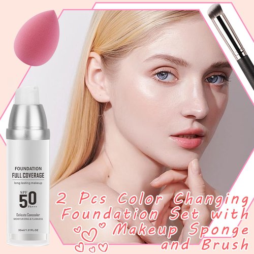 2PCS Color Changing Foundation Set with Foundation Brush and Makeup Sponge,SPF 50 PA+++ Oil Control Full Coverage Liquid Foundation Makeup,Flawless Moisturizing Concealer for All Skin Types