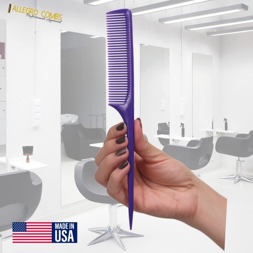 Allegro Combs 61 XL Rat Tail Combs Wide Tooth Comb Detangling Hair Styling Coarse Hair Foiling Thick Back Parting Combs Hairstylist Combs For Women Made In USA 3 Pc. (Dark Purple)