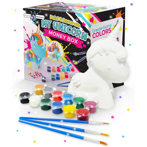 Original Stationery Paint and Decorate Your Own Unicorn Money Box, Kids Paint Set for Girls with 21 Gems, 12 Non Toxic Fun Colors and Lots More!