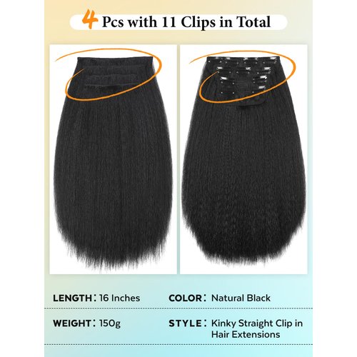 WIGNEE Kinky Straight Clip Ins Hair Extensions 4 Pcs Yaki Straight Clip Ins with Lace Weft 14 Inch Natural Black Clip In Hair Extensions Black Women Seamless Clip Ins for Black Women