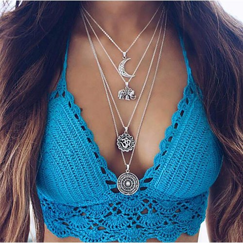 DoubleNine Long Multilayer Statement Necklace 4 Layer Hippie Boho Circle Drops Multistrand Bohemian Necklace Layered for Women