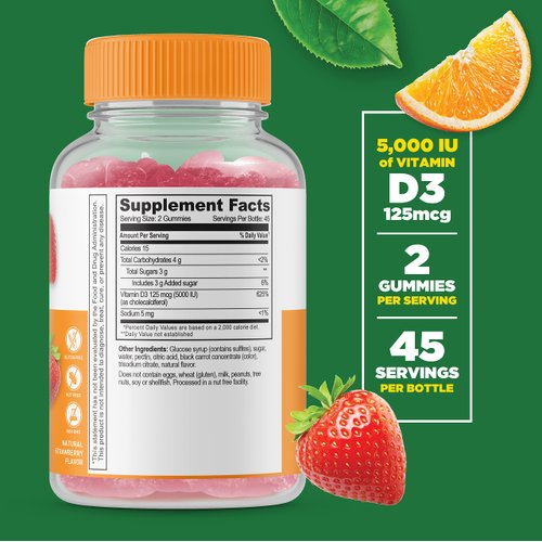 Lifeable Vitamin D 5000 IU - Great Tasting Natural Flavor Gummy Supplement - Gluten Free Vegetarian GMO-Free Chewable - for Strong and Healthy Bones - for Adults, Men, Women - 90 Gummies