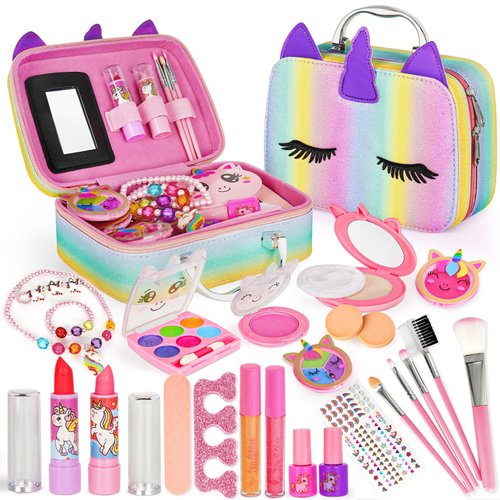 Dreamon Kids Makeup Kit for Girls 28 in 1 Real Makeup Set, Washable & Non-Toxic Cosmetic Set , Christmas & Birthday Gifts for Girl Ages 6-12 Years Old (B)