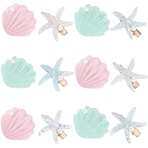 12 Pieces Shell Pearl Starfish Hair Clip Artificial Seashell Star Hair Clips Acrylic Resin Princess Hairpins for Women Girls Beach Wedding Hairstyle Tool Headwear Accessories