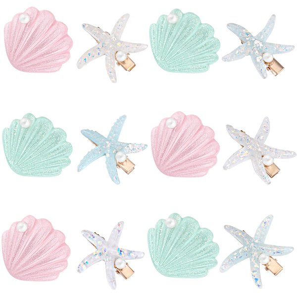 12 Pieces Shell Pearl Starfish Hair Clip Artificial Seashell Star Hair Clips Acrylic Resin Princess Hairpins for Women Girls Beach Wedding Hairstyle Tool Headwear Accessories