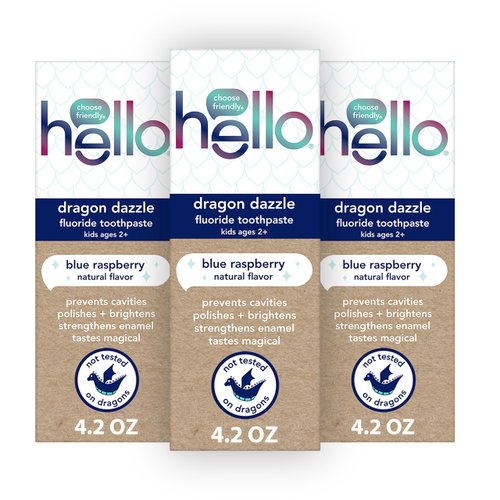 hello Dragon Dazzle Blue Raspberry Kids Toothpaste, Fluoride Toothpaste, Ages 2+, No Artificial Sweeteners, No SLS, Gluten Free, Vegan, Pack of 3, 4.2 OZ Tubes