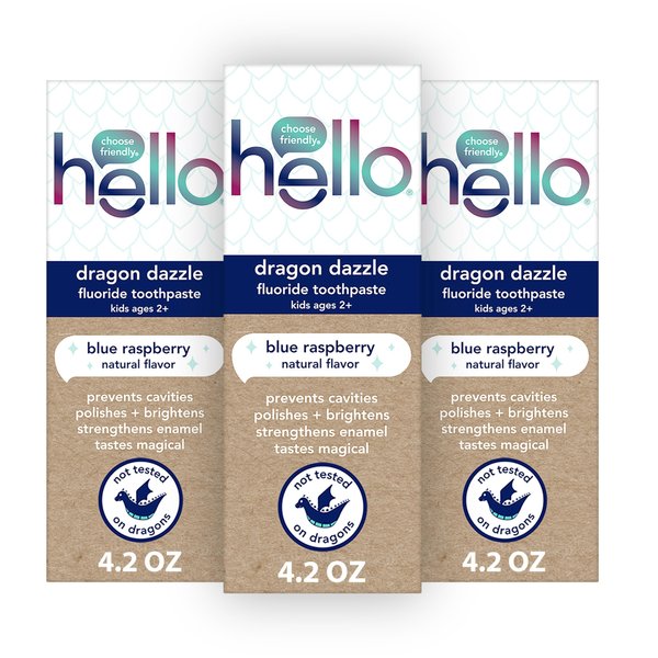 hello Dragon Dazzle Blue Raspberry Kids Toothpaste, Fluoride Toothpaste, Ages 2+, No Artificial Sweeteners, No SLS, Gluten Free, Vegan, Pack of 3, 4.2 OZ Tubes