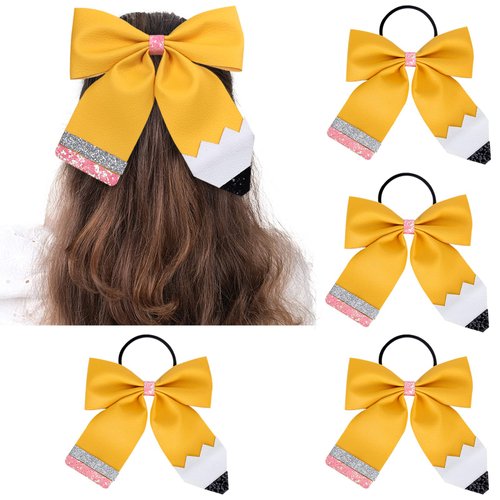Whaline 4 Count 4Pcs Back to School Hair Bows Glitter Pink Yellow Pencil Cheer Hair Bows with Ponytail Holder Cheerleading Dance Practice Hair Accessories for Teens Toddler, 4.7 Inch