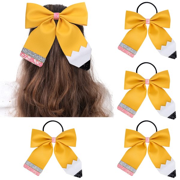 Whaline 4 Count 4Pcs Back to School Hair Bows Glitter Pink Yellow Pencil Cheer Hair Bows with Ponytail Holder Cheerleading Dance Practice Hair Accessories for Teens Toddler, 4.7 Inch