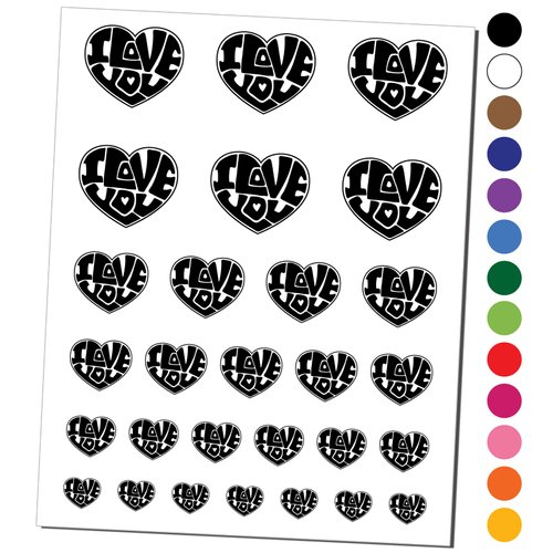 I Love You Heart 70s Bubble Letters Temporary Tattoo Water Resistant Fake Body Art Set Collection - Black (One Sheet)