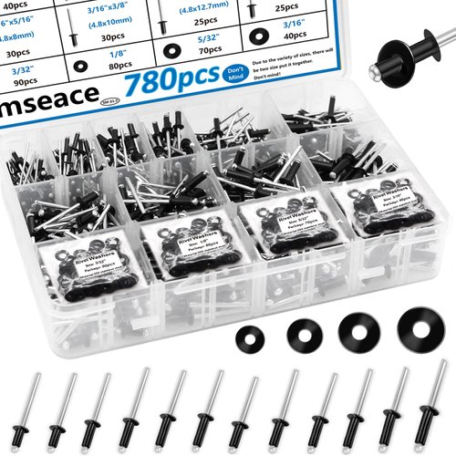 smseace 780Ppcs 18-Sizes Black Pop Rivets with Rivet Washers 3/32" 1/8" 5/32" 3/16" 14-Sizes Black Rivets 4-Sizes Backup washers for Blind Rivet Aluminum Pop Rivets Assortment kit