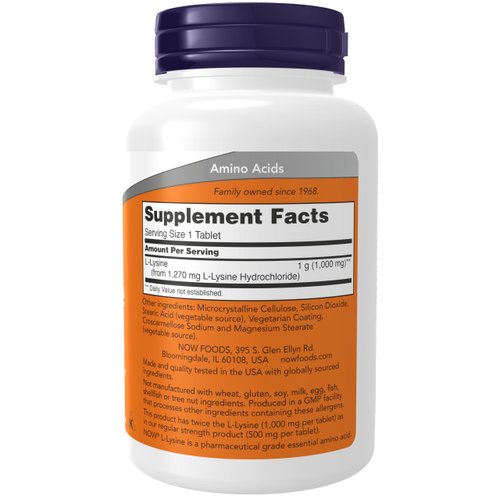 NOW Foods Supplements, (L-Lysine Hydrochloride) 1,000 mg, Double Strength, Amino Acid, 100 Tablets