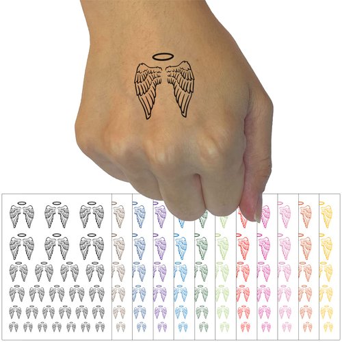 Folded Angel Wings with Halo Feathers Temporary Tattoo Water Resistant Fake Body Art Set Collection - Purple (One Sheet)