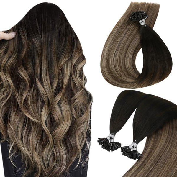 Sunny Utip Hair Extensions Human Hair Ombre U Tip Human Hair Extensions Black Ombre Dark Brown With Ash Blonde Balayage Utips Keratin Hair Extensions Black Hot Fusion Hair Extensions 50g/50s 22in
