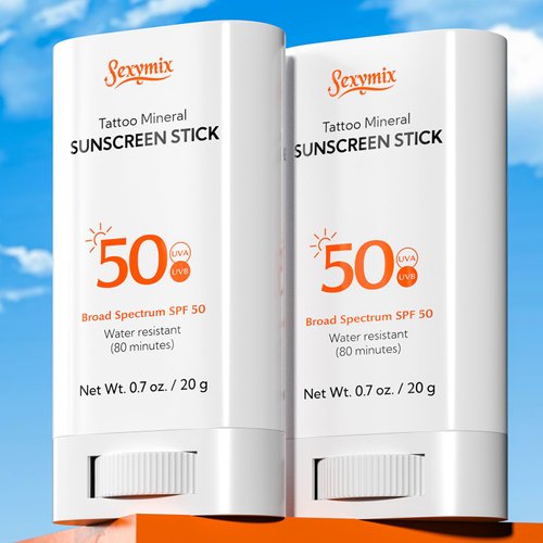Sunscreen Stick, Sexymix SPF 50 Water-Resistant Tattoo Aftercare Sunscreen Stick Broad Spectrum UVA/UVB Protection, 2 Packs 0.7 oz with Zinc Oxide Hands-Free Application Travel Mineral Sunscreen Stick