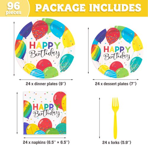 DECORLIFE Birthday Plates and Napkins Party Supplies Serves 24, Birthday Party Supplies for Kids Adults Girls Boys, Rainbow Confetti Balloons Party, Total 96PCS