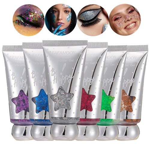 6Pcs Holographic Body Glitter Gel Set, Mermaid Sequins Liquid Holographic Glitter Gel Kit, Gold, Silver Chunky Glitter Liquid Gel for Face Hair Nails, Body Glitter, Hair Glitter, Festival Glitter Gel