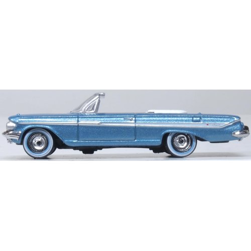 1961 Chevy Impala Convertible Jewel Blue Metallic and White with Blue Interior 1/87 (HO) Scale Diecast Model Car by Oxford Diecast 87CI61006