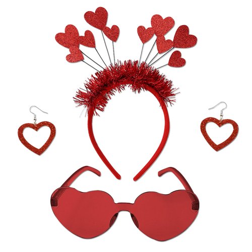 DONCIDAY Red Heart Shape Headband Glitter Sunglasses Sequin Earrings Valentines Day Halloween Cosplay Costume Accessories Set