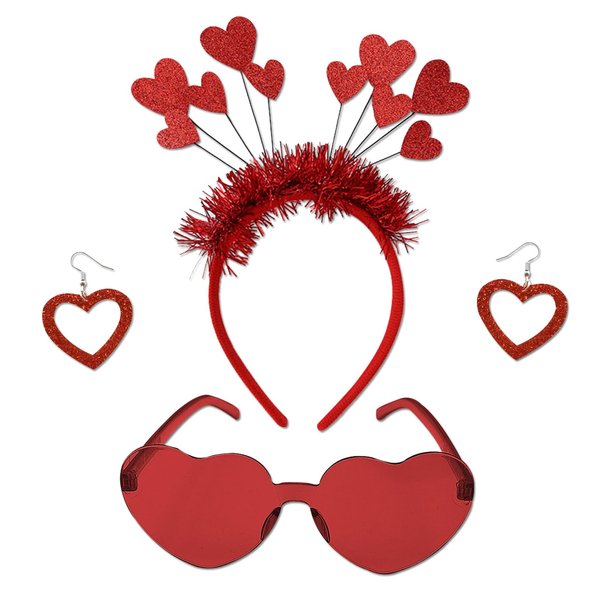 DONCIDAY Red Heart Shape Headband Glitter Sunglasses Sequin Earrings Valentines Day Halloween Cosplay Costume Accessories Set