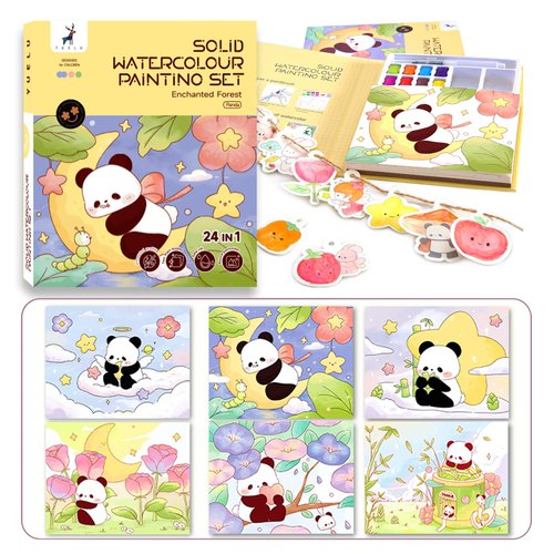 24 in 1 Panda Theme Watercolor Painting Paper Set for Kids Creative Pocket Watercolor Painting Book DIY Paint with Water Coloring Papers Panda Theme Party Supplies for Kids Includes Pigment&Brush