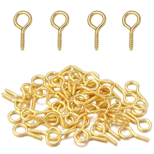 Linsoir Beads 7X14mm Screw Eye Pins for Jewelry Making Eyepins Hook Eyelets Screw Threaded Gold Tone Clasps Hooks for DIY Jewelry Making 200 pcs/lot
