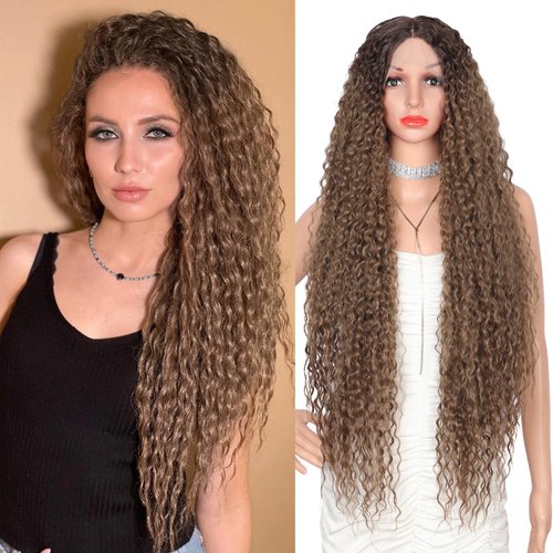 Fecihor 40" Super Long Deep Curly Lace Front Wigs for Women Middle Part Human Hair Blended Curly Wavy Wigs Ombre Medium Brown Transparent Frontal Lace Wig