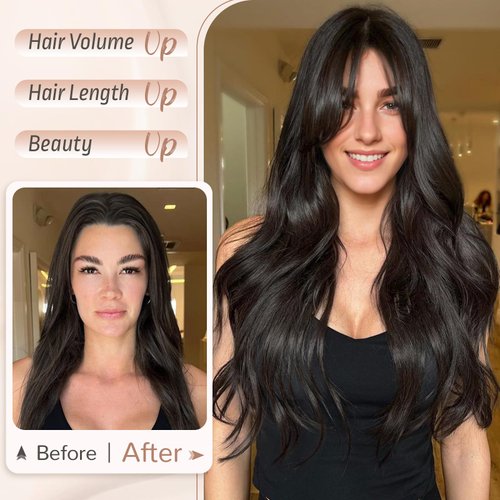 KooKaStyle Invisible Wire Hair Extensions with Transparent Wire Adjustable Size 6 Secure Clips Long Wavy Layered Synthetic Hair Extensions Natural Black 16 Inch