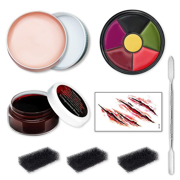 Halloween Special Effects Zombie Vampire Makeup Kit - Fake Blood Gel + 6 colors Bruise Face Body Paint Makeup Kit + Scar Wax with Spatula Tool + Sticker Stipple Sponges