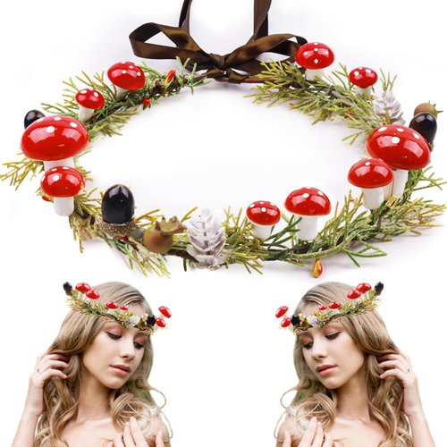 MEMOVAN Handmade Mushroom Crown Headband Woodland Headpiece Christmas Hair Wreath with Pine Berries Fairy Flower Floral Halo Headband Winter Holiday Tiara for Women Girl Holiday Decoration