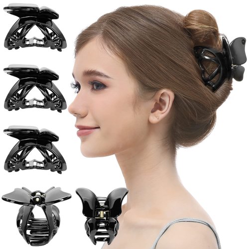 RC ROCHE ORNAMENT 6 Pcs Womens Butterfly Wing Heart Claw Barrette Nonslip Interlocking Teeth Styling Fashion Beauty Accessory Classic Clamp Jaw Clip, Medium Black