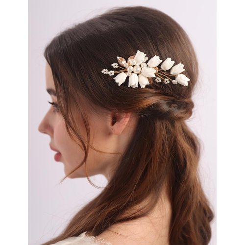 BERYUAN Wedding Gold Leaf Flower Hair Comb Pearls Flower Hair Side Comb White Flowers Leaf Wedding Headpiece Gold Wedding Headpiece Vintage Wedding Hair Comb for Brides Bridesmaid