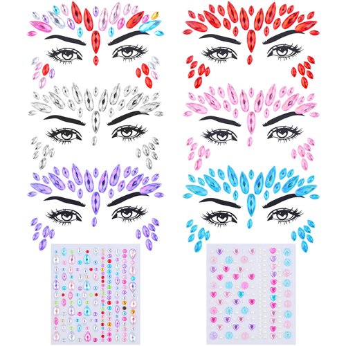 6 Sheets Acrylic Colorful Face Diamond Stickers Stick on Eyes Body Nails and 2 Sheets Mixed Color Self-Adhesive Waterdrop Sun Flower Rhinestone Stickers Gems for DIY Makeup Nail Art Decor