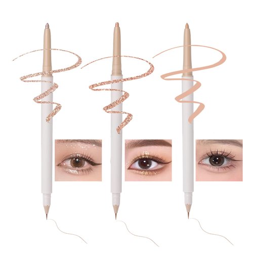 3PC Double Ended Highlighter Makeup Pen, Glitter & Matte Nude EyeLiner & Eyeshadow, Liquid Contour Liner 2 in 1 Eye Brightener Make Up Stick, Mulit-Funtional Long Lasting Lying Silkworm Pencil ( #01, #02, #04)