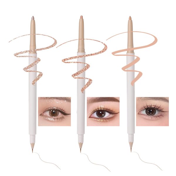 3PC Double Ended Highlighter Makeup Pen, Glitter & Matte Nude EyeLiner & Eyeshadow, Liquid Contour Liner 2 in 1 Eye Brightener Make Up Stick, Mulit-Funtional Long Lasting Lying Silkworm Pencil ( #01, #02, #04)