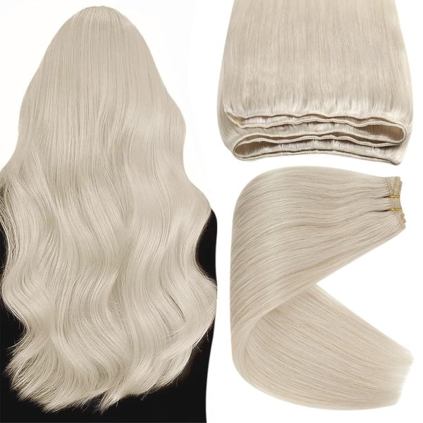 Sunny Sew in Human Hair Extensions Blonde Hair Extensions Real Human Hair Weft Platinum Blonde Human Hair Extensions Sew in Hand Tied Weft Hair Extensions Human Hair 18inch 100G