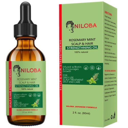 NILOBA. Hair Oil Rosemary organic Mint Hair Oil, and Scalp Strengthening Oil,100% Natural for Hair Growth Oil, Japanese formula, for all Hair types both for men and women. 2FL-OZ (60ML)