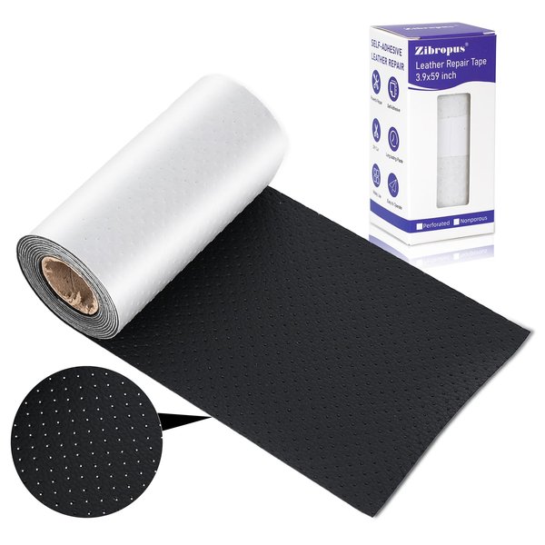 Zibropus Leather Repair Tape Black, Self Adhesive Leather Repair Patch Kit, Breathable Vinyl Leather Patch for Sofa Furniture Car Interior Seat Office Chair (Perforated, 3.9x59 inch)
