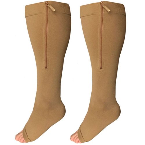 Runee Wide Calf Zipper Compression Socks, Open Toe, Extra Calf Support (Beige)