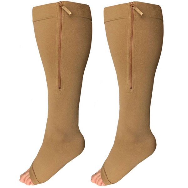 Runee Wide Calf Zipper Compression Socks, Open Toe, Extra Calf Support (Beige)