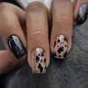 Sparkly Press on Nails with Milk Cow Print Designs, Glossy Black Glitter Short Coffin Length Fake/False Nails Spot Full Cover Acrylic Nails X Glue Stick on Artificial Fingernails for Women Girls